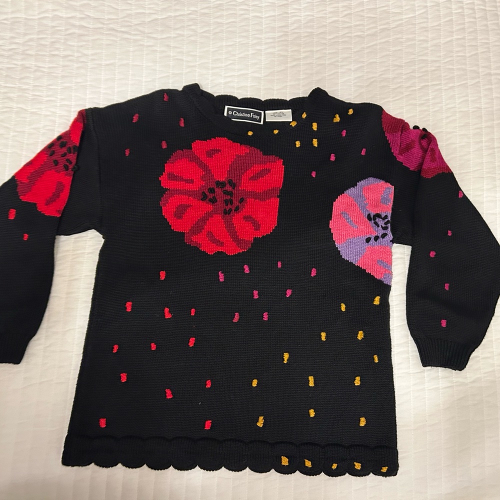 Christine Foley Vintage Sweater KL Perfect Condition Black with Bright Flowers